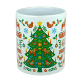 Enjoy festive Scandinavian cheer with the Mug: God Jul Dala Horse Christmas Ceramic Mug (11 oz Capacity) by Nordic Wholesale—a white ceramic mug featuring a decorated Christmas tree with ornaments, birds, and candles, surrounded by red, green, blue, and yellow folk art patterns inspired by traditional Nordic designs.