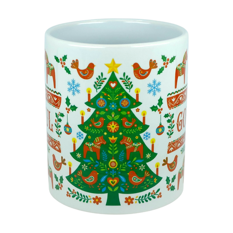 Enjoy festive Scandinavian cheer with the Mug: God Jul Dala Horse Christmas Ceramic Mug (11 oz Capacity) by Nordic Wholesale—a white ceramic mug featuring a decorated Christmas tree with ornaments, birds, and candles, surrounded by red, green, blue, and yellow folk art patterns inspired by traditional Nordic designs.