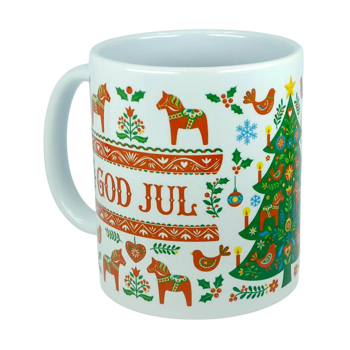 Nordic Wholesale’s Mug: God Jul Dala Horse Christmas Ceramic Mug (11 oz Capacity) is a white coffee cup adorned with Scandinavian holiday designs—horses, birds, festive patterns, and a decorated tree—all inspired by Nordic folk art motifs. Bold orange GOD JUL lettering completes this charming ceramic mug perfect for your seasonal celebrations.