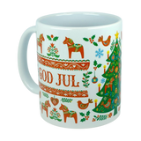 Nordic Wholesale’s Mug: God Jul Dala Horse Christmas Ceramic Mug (11 oz Capacity) is a white coffee cup adorned with Scandinavian holiday designs—horses, birds, festive patterns, and a decorated tree—all inspired by Nordic folk art motifs. Bold orange GOD JUL lettering completes this charming ceramic mug perfect for your seasonal celebrations.
