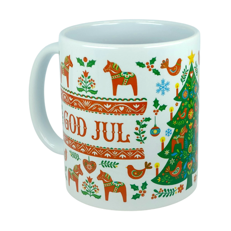 Nordic Wholesale’s Mug: God Jul Dala Horse Christmas Ceramic Mug (11 oz Capacity) is a white coffee cup adorned with Scandinavian holiday designs—horses, birds, festive patterns, and a decorated tree—all inspired by Nordic folk art motifs. Bold orange GOD JUL lettering completes this charming ceramic mug perfect for your seasonal celebrations.