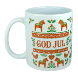 Celebrate the season with the Nordic Wholesale Mug: God Jul Dala Horse Christmas Ceramic Mug (11 oz Capacity). This delightful white mug features “GOD JUL” in festive red lettering, framed by Scandinavian-inspired patterns with vibrant red Dala horses, birds, hearts, snowflakes, and intricate green and orange floral details. Bring Nordic folk art charm to your holiday traditions—this perfect Scandinavian holiday coffee cup is sure to warm chilly winter mornings.