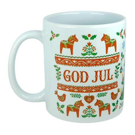 Celebrate the season with the Nordic Wholesale Mug: God Jul Dala Horse Christmas Ceramic Mug (11 oz Capacity). This delightful white mug features “GOD JUL” in festive red lettering, framed by Scandinavian-inspired patterns with vibrant red Dala horses, birds, hearts, snowflakes, and intricate green and orange floral details. Bring Nordic folk art charm to your holiday traditions—this perfect Scandinavian holiday coffee cup is sure to warm chilly winter mornings.