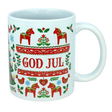 Celebrate Scandinavian traditions with the God Jul Dala Horse Christmas Ceramic Mug (11 oz Capacity) from Nordic Wholesale. This white ceramic mug features vibrant red and green Nordic folk art patterns, showcasing Dala horses, birds, trees, and "GOD JUL" in the center. It's the perfect coffee cup to add a festive touch to your holiday mornings or gift to lovers of charming Scandinavian decor.