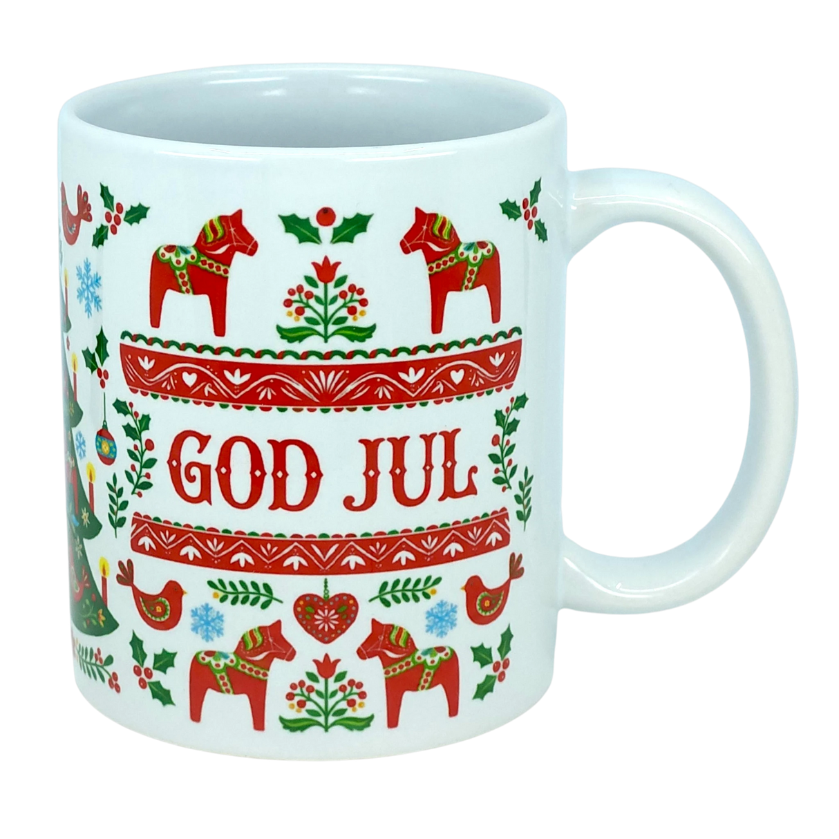 Celebrate Scandinavian traditions with the God Jul Dala Horse Christmas Ceramic Mug (11 oz Capacity) from Nordic Wholesale. This white ceramic mug features vibrant red and green Nordic folk art patterns, showcasing Dala horses, birds, trees, and "GOD JUL" in the center. It's the perfect coffee cup to add a festive touch to your holiday mornings or gift to lovers of charming Scandinavian decor.