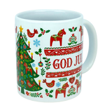 The Mug: God Jul Dala Horse Christmas Ceramic Mug (11 oz Capacity) by Nordic Wholesale is a white ceramic mug adorned with festive patterns, including a Christmas tree, red Dala horses, birds, and hearts. Featuring the Swedish phrase "God Jul" in red and surrounded by charming Nordic folk art designs, this coffee cup captures the warmth and cheerful spirit of Scandinavian holiday traditions.