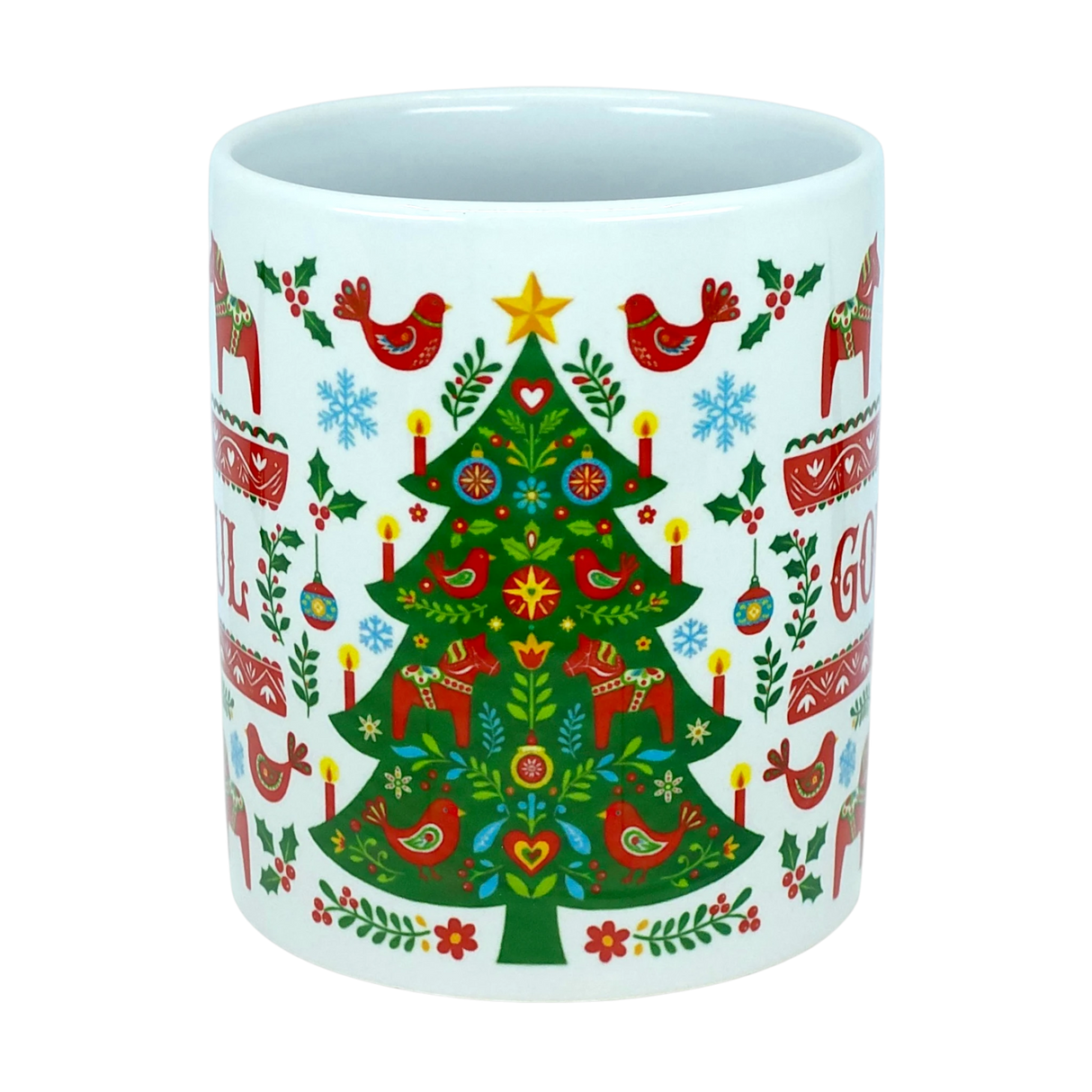Introducing the Mug: God Jul Dala Horse Christmas Ceramic Mug (11 oz Capacity) by Nordic Wholesale—a white ceramic mug adorned with a vibrant Christmas tree, festive Dala horses, red birds, candles, hearts, and holiday patterns inspired by Nordic folk art. Snowflakes and stars complete the design, making this charming Scandinavian mug perfect for your winter celebrations.