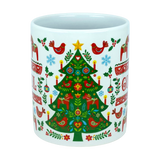 Introducing the Mug: God Jul Dala Horse Christmas Ceramic Mug (11 oz Capacity) by Nordic Wholesale—a white ceramic mug adorned with a vibrant Christmas tree, festive Dala horses, red birds, candles, hearts, and holiday patterns inspired by Nordic folk art. Snowflakes and stars complete the design, making this charming Scandinavian mug perfect for your winter celebrations.
