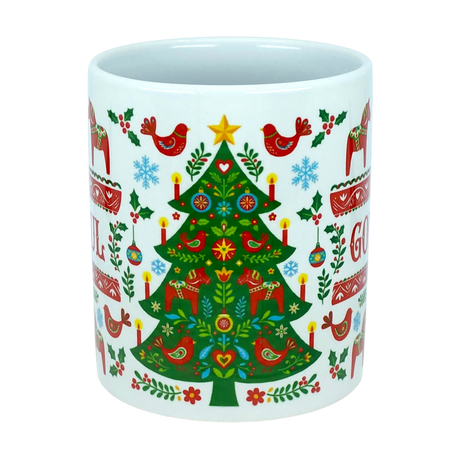 Introducing the Mug: God Jul Dala Horse Christmas Ceramic Mug (11 oz Capacity) by Nordic Wholesale—a white ceramic mug adorned with a vibrant Christmas tree, festive Dala horses, red birds, candles, hearts, and holiday patterns inspired by Nordic folk art. Snowflakes and stars complete the design, making this charming Scandinavian mug perfect for your winter celebrations.