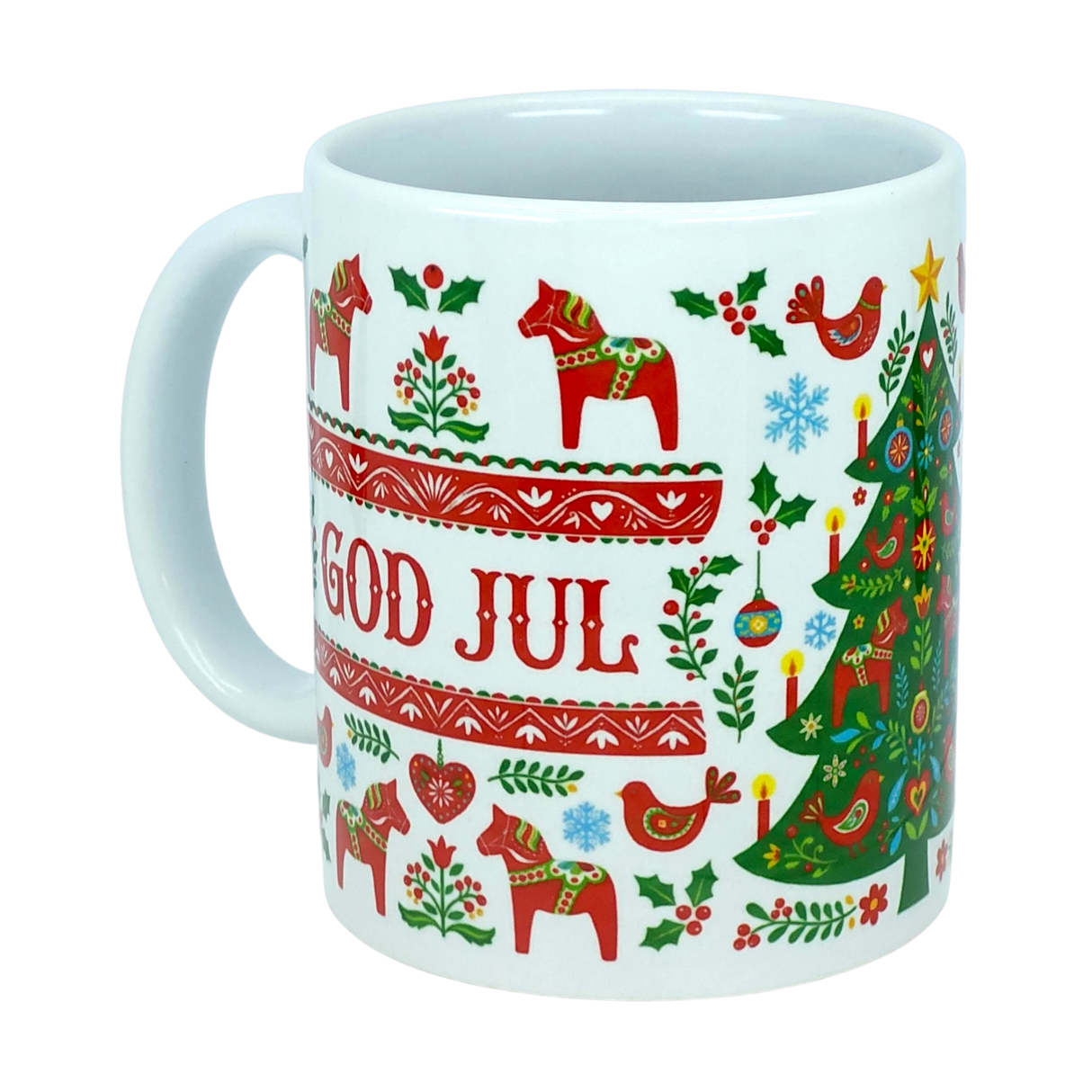 Bring timeless Scandinavian charm to your holiday celebrations with the Nordic Wholesale Mug: God Jul Dala Horse Christmas Ceramic Mug (11 oz Capacity). Decorated with classic red Swedish-style Dala horses, birds, snowflakes, a Christmas tree, and “GOD JUL” (“Merry Christmas” in Swedish), this festive Nordic folk art coffee cup is the perfect addition to your seasonal traditions.