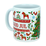 Bring timeless Scandinavian charm to your holiday celebrations with the Nordic Wholesale Mug: God Jul Dala Horse Christmas Ceramic Mug (11 oz Capacity). Decorated with classic red Swedish-style Dala horses, birds, snowflakes, a Christmas tree, and “GOD JUL” (“Merry Christmas” in Swedish), this festive Nordic folk art coffee cup is the perfect addition to your seasonal traditions.