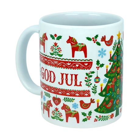 Bring timeless Scandinavian charm to your holiday celebrations with the Nordic Wholesale Mug: God Jul Dala Horse Christmas Ceramic Mug (11 oz Capacity). Decorated with classic red Swedish-style Dala horses, birds, snowflakes, a Christmas tree, and “GOD JUL” (“Merry Christmas” in Swedish), this festive Nordic folk art coffee cup is the perfect addition to your seasonal traditions.