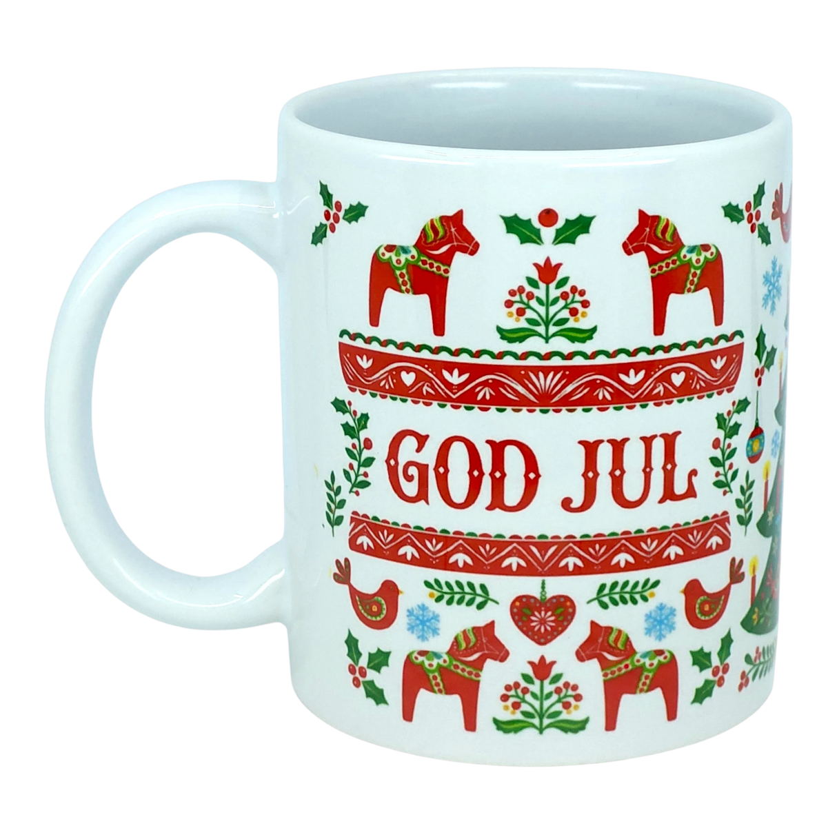 Presenting the Mug: God Jul Dala Horse Christmas Ceramic Mug (11 oz Capacity) by Nordic Wholesale—a white ceramic mug adorned with Scandinavian folk art, including red Dala horses, birds, hearts, and flowers. The center of the mug features "GOD JUL," Swedish for Merry Christmas.