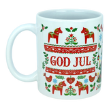 Presenting the Mug: God Jul Dala Horse Christmas Ceramic Mug (11 oz Capacity) by Nordic Wholesale—a white ceramic mug adorned with Scandinavian folk art, including red Dala horses, birds, hearts, and flowers. The center of the mug features "GOD JUL," Swedish for Merry Christmas.
