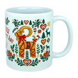 This white 11 oz ceramic mug from Nordic Wholesale features the God Jul Gott Nytt År Yule Goat design, beautifully decorated with colorful Scandinavian folk art motifs including hearts, trees, flowers, and animals in vibrant red, green, and yellow. Charming Nordic details and partially visible Swedish text complement this festive holiday mug.