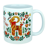 This white 11 oz ceramic mug from Nordic Wholesale features the God Jul Gott Nytt År Yule Goat design, beautifully decorated with colorful Scandinavian folk art motifs including hearts, trees, flowers, and animals in vibrant red, green, and yellow. Charming Nordic details and partially visible Swedish text complement this festive holiday mug.