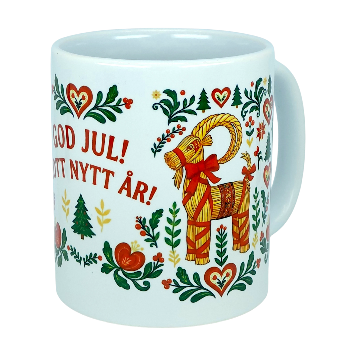 Celebrate the festive season with the Mug: God Jul Gott Nytt År Yule Goat Christmas Ceramic Mug (11 oz Capacity) from Nordic Wholesale. This white Scandinavian holiday mug showcases folk art floral patterns and a delightful red and yellow straw Yule goat, accented with Swedish greetings—GOD JUL! GOTT NYTT ÅR!—which translate to Merry Christmas! Happy New Year!. Add a touch of Nordic cheer to your holidays with this charming ceramic mug.