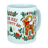 Celebrate the festive season with the Mug: God Jul Gott Nytt År Yule Goat Christmas Ceramic Mug (11 oz Capacity) from Nordic Wholesale. This white Scandinavian holiday mug showcases folk art floral patterns and a delightful red and yellow straw Yule goat, accented with Swedish greetings—GOD JUL! GOTT NYTT ÅR!—which translate to Merry Christmas! Happy New Year!. Add a touch of Nordic cheer to your holidays with this charming ceramic mug.