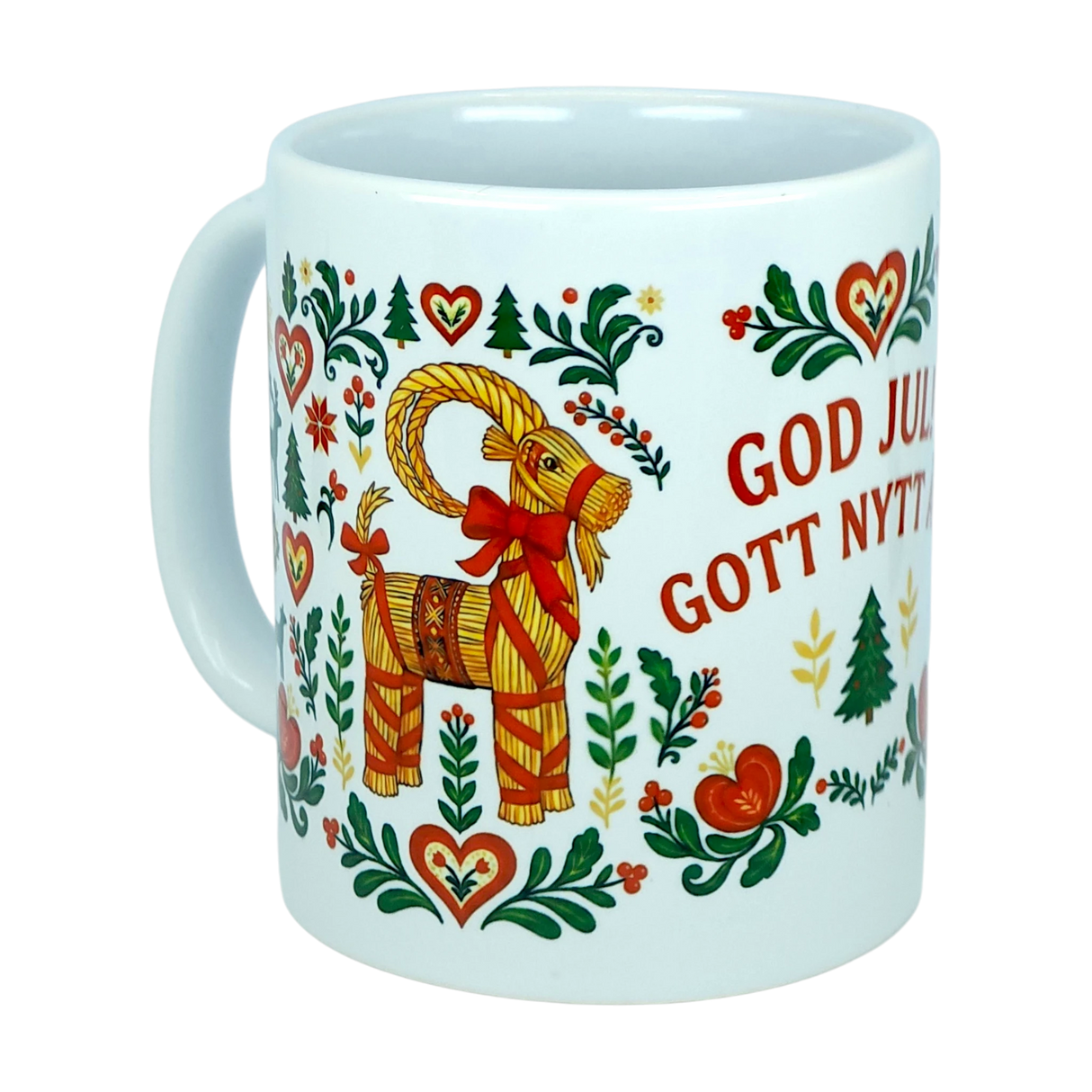 The Mug: God Jul Gott Nytt År Yule Goat Christmas Ceramic Mug (11 oz Capacity) from Nordic Wholesale is a white ceramic mug adorned with a straw Yule Goat, hearts, flowers, trees, and the Swedish greeting “God Jul & Gott Nytt År” in festive red. This charming Scandinavian holiday mug showcases traditional Nordic folk art designs—perfect from Nordic Wholesale for enjoying your favorite warm winter beverages.