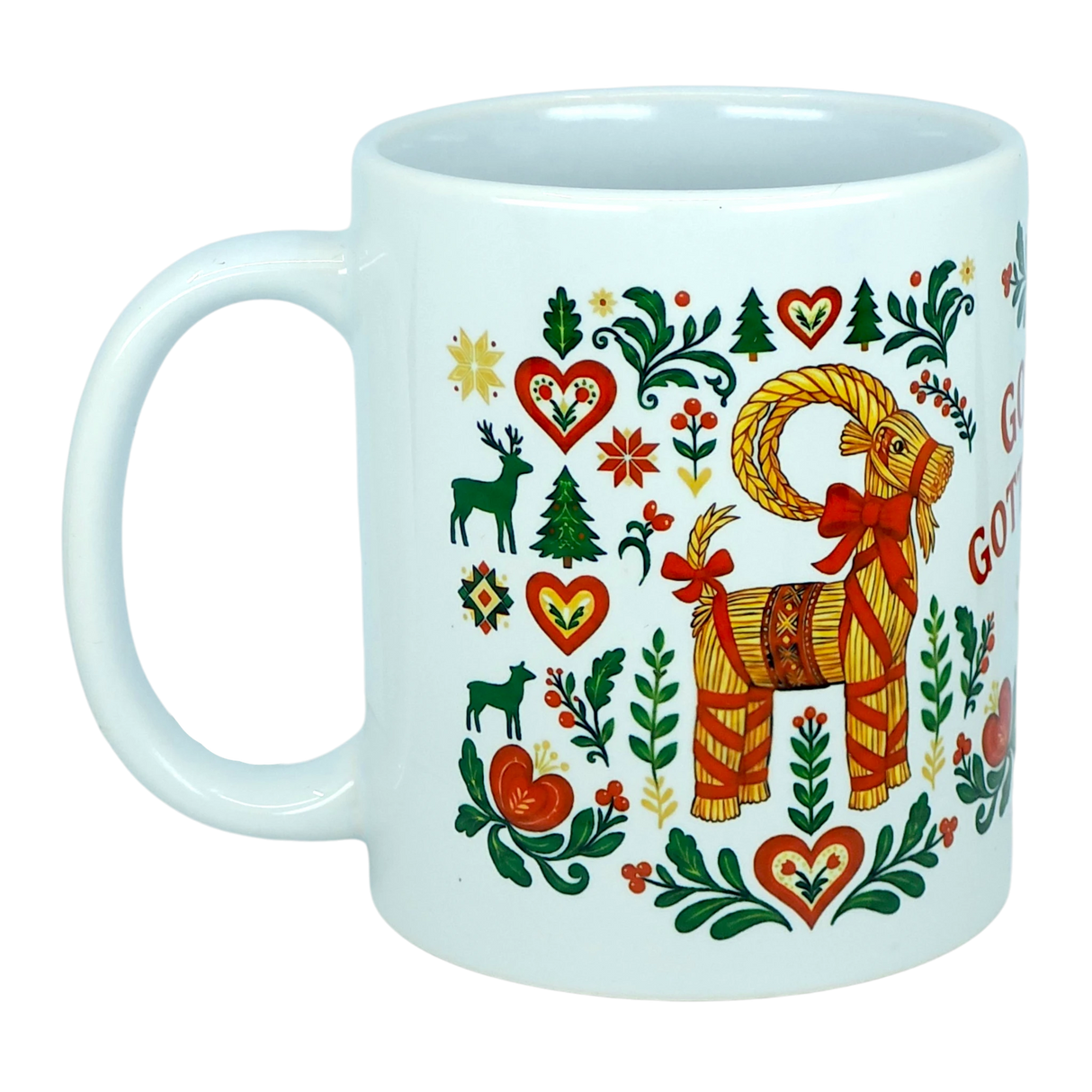 Celebrate the season with the Mug: God Jul Gott Nytt År Yule Goat Christmas Ceramic Mug (11 oz Capacity) from Nordic Wholesale. This white mug features a colorful Scandinavian-style design with a straw Yule Goat, red hearts, green leaves, a small Christmas tree, and a reindeer. With festive Nordic folk art charm, it's the perfect ceramic coffee cup for bringing "God Jul" spirit to your holiday table.