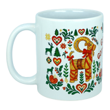 Celebrate the season with the Mug: God Jul Gott Nytt År Yule Goat Christmas Ceramic Mug (11 oz Capacity) from Nordic Wholesale. This white mug features a colorful Scandinavian-style design with a straw Yule Goat, red hearts, green leaves, a small Christmas tree, and a reindeer. With festive Nordic folk art charm, it's the perfect ceramic coffee cup for bringing "God Jul" spirit to your holiday table.