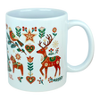 Experience festive Nordic tradition with the Mug: God Jul Nordic Folk Art Ceramic Mug (11 oz Capacity) by Nordic Wholesale, featuring a white Scandinavian design adorned with colorful folk art holiday motifs—reindeer, horses, birds, stars, hearts, and an array of flowers and branches in vibrant red, green, gold, and orange hues—a cheerful celebration of classic Scandinavian-style mug decor.