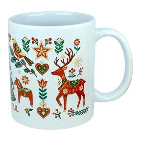 Experience festive Nordic tradition with the Mug: God Jul Nordic Folk Art Ceramic Mug (11 oz Capacity) by Nordic Wholesale, featuring a white Scandinavian design adorned with colorful folk art holiday motifs—reindeer, horses, birds, stars, hearts, and an array of flowers and branches in vibrant red, green, gold, and orange hues—a cheerful celebration of classic Scandinavian-style mug decor.