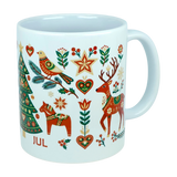 Elevate your holiday table with the Mug: God Jul Nordic Folk Art Ceramic Mug (11 oz Capacity) by Nordic Wholesale. This white Scandinavian mug features festive red, green, and gold hues and is adorned with colorful folk-art inspired Christmas motifs, including a Christmas tree, reindeer, bird, horse, hearts, stars, flowers, and the word JUL. A charming nod to Nordic traditions, this mug brings the warm spirit of "God Jul" to every sip.