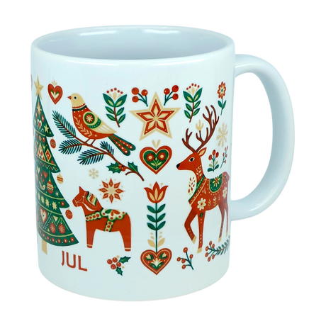 Elevate your holiday table with the Mug: God Jul Nordic Folk Art Ceramic Mug (11 oz Capacity) by Nordic Wholesale. This white Scandinavian mug features festive red, green, and gold hues and is adorned with colorful folk-art inspired Christmas motifs, including a Christmas tree, reindeer, bird, horse, hearts, stars, flowers, and the word JUL. A charming nod to Nordic traditions, this mug brings the warm spirit of "God Jul" to every sip.