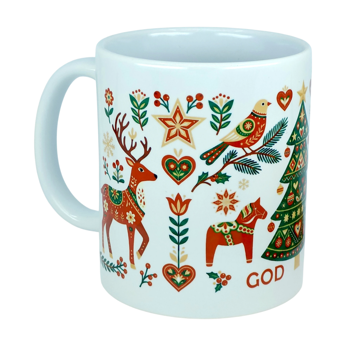 The Mug: God Jul Nordic Folk Art Ceramic Mug (11 oz Capacity) by Nordic Wholesale is a white ceramic mug adorned with vibrant Christmas-themed illustrations, such as a reindeer, horse, tree, bird, hearts, stars, and flowers. Inspired by traditional Nordic designs, this festive mug features the word "God Jul" partially visible at the bottom right.