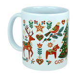 The Mug: God Jul Nordic Folk Art Ceramic Mug (11 oz Capacity) by Nordic Wholesale is a white ceramic mug adorned with vibrant Christmas-themed illustrations, such as a reindeer, horse, tree, bird, hearts, stars, and flowers. Inspired by traditional Nordic designs, this festive mug features the word "God Jul" partially visible at the bottom right.