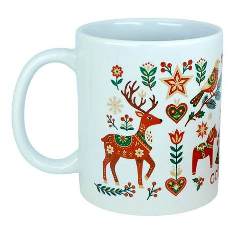 The God Jul Nordic Folk Art Ceramic Mug (11 oz Capacity) by Nordic Wholesale features charming Scandinavian folk designs in festive red, green, and yellow tones—including a reindeer, flowers, stars, and hearts. This vibrant mug beautifully captures the joyful spirit of a Nordic Christmas with its lively holiday motifs.