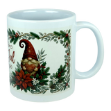 Celebrate the season with the Mug: God Jul Tomte Nordic Christmas Ceramic Mug (11 oz Capacity) from Nordic Wholesale. This white ceramic mug features a festive gnome holding a heart, surrounded by poinsettias, pinecones, holly, and greenery within a holiday-themed border. A charming Scandinavian design that brings a touch of Nordic cheer to your festivities.