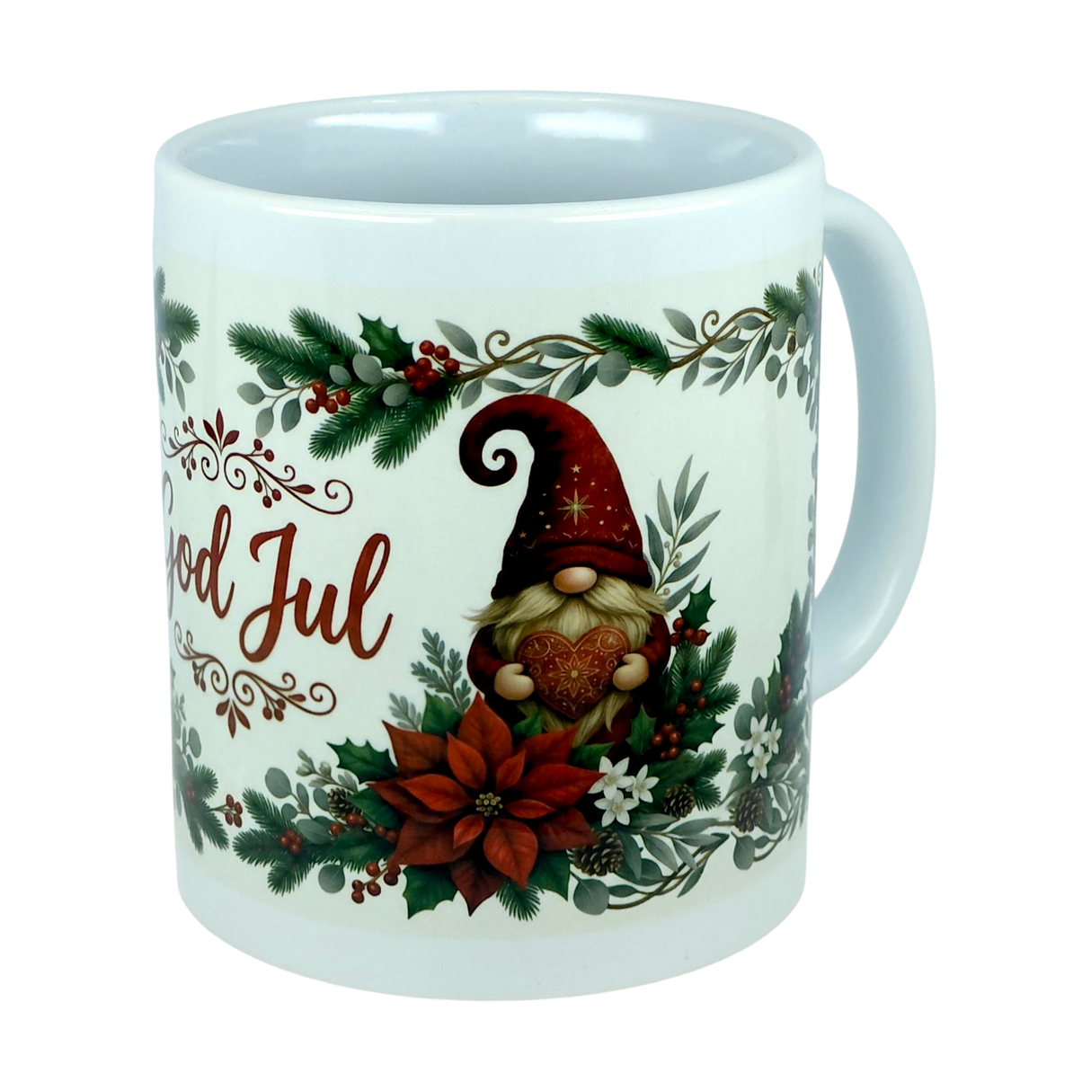 Bring festive cheer to your home with the Mug: God Jul Tomte Nordic Christmas Ceramic Mug (11 oz Capacity) by Nordic Wholesale. This charming Scandinavian-style mug features a Christmas gnome holding a heart, surrounded by holly, pine, and poinsettia, along with the traditional “God Jul” greeting—which means “Merry Christmas” in Swedish. It’s the perfect God Jul mug to celebrate the season!.
