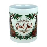 Introducing the Mug: God Jul Tomte Nordic Christmas Ceramic Mug (11 oz Capacity) by Nordic Wholesale—a white ceramic mug adorned with festive Christmas designs, including pine branches, red berries, and poinsettias. The phrase "God Jul" is featured prominently in red script at the center, making this charming Scandinavian-style mug ideal for your holiday celebrations.
