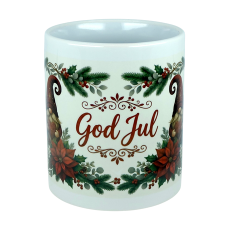 Introducing the Mug: God Jul Tomte Nordic Christmas Ceramic Mug (11 oz Capacity) by Nordic Wholesale—a white ceramic mug adorned with festive Christmas designs, including pine branches, red berries, and poinsettias. The phrase "God Jul" is featured prominently in red script at the center, making this charming Scandinavian-style mug ideal for your holiday celebrations.