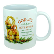 The Nordic Wholesale Mug: God Jul Yule Goat Ceramic Mug (11 oz Capacity) is a white mug decorated with a traditional Swedish Julbock—the straw Scandinavian Yule Goat—embellished with red ribbons and festive greenery. The mug features the greeting "God Jul & Gott Nytt År" in Swedish and its English translation, "Merry Christmas & Happy New Year.
