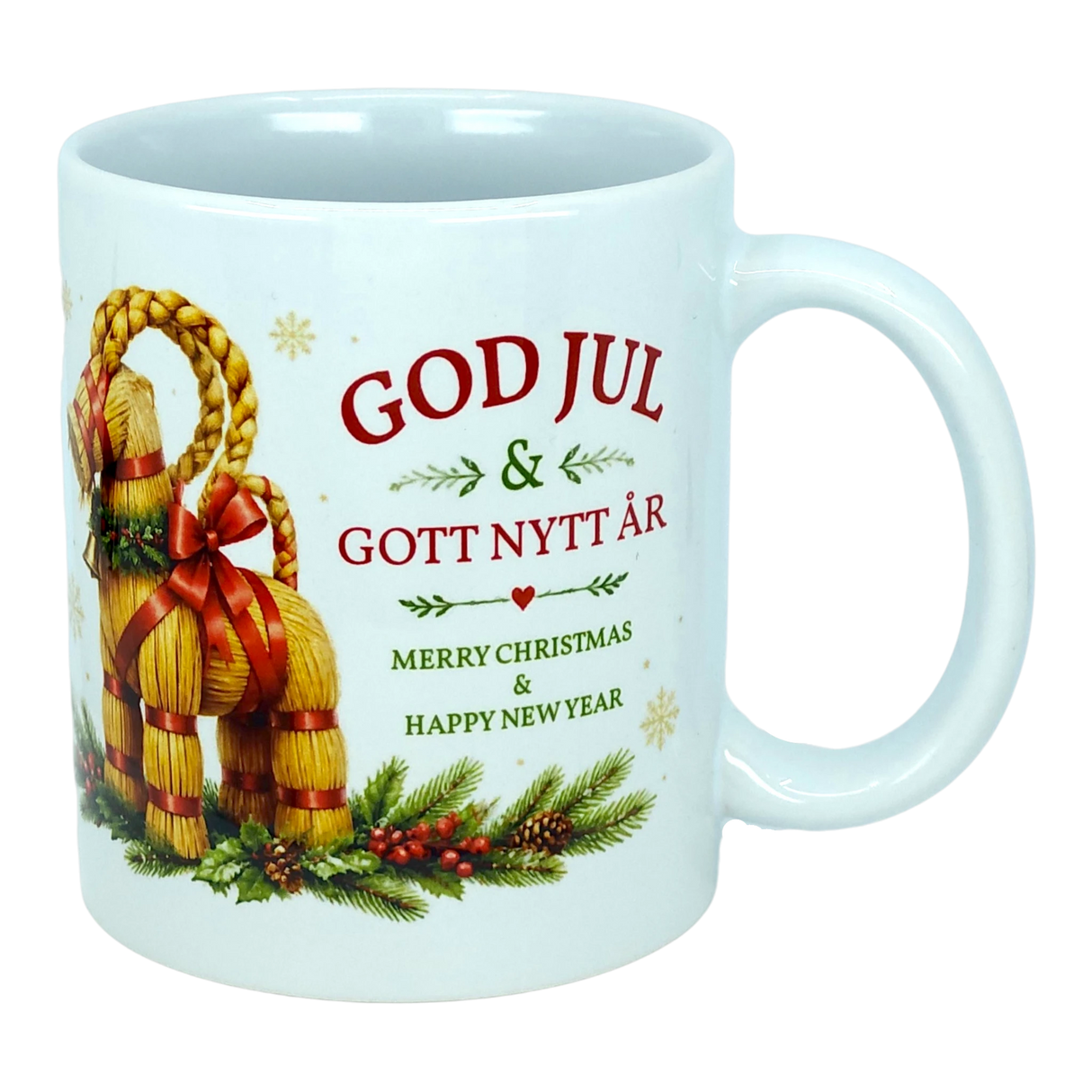 Introducing the Mug: God Jul Yule Goat Ceramic Mug (11 oz Capacity) by Nordic Wholesale—a white ceramic mug adorned with a charming Swedish Yule Goat, pine, and berries. Featuring festive text in red and green that reads: "GOD JUL & GOTT NYTT ÅR, Merry Christmas & Happy New Year," this Scandinavian Christmas mug is perfect for adding a touch of Nordic tradition to your holiday celebrations.