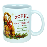 Introducing the Mug: God Jul Yule Goat Ceramic Mug (11 oz Capacity) by Nordic Wholesale—a white ceramic mug adorned with a charming Swedish Yule Goat, pine, and berries. Featuring festive text in red and green that reads: "GOD JUL & GOTT NYTT ÅR, Merry Christmas & Happy New Year," this Scandinavian Christmas mug is perfect for adding a touch of Nordic tradition to your holiday celebrations.