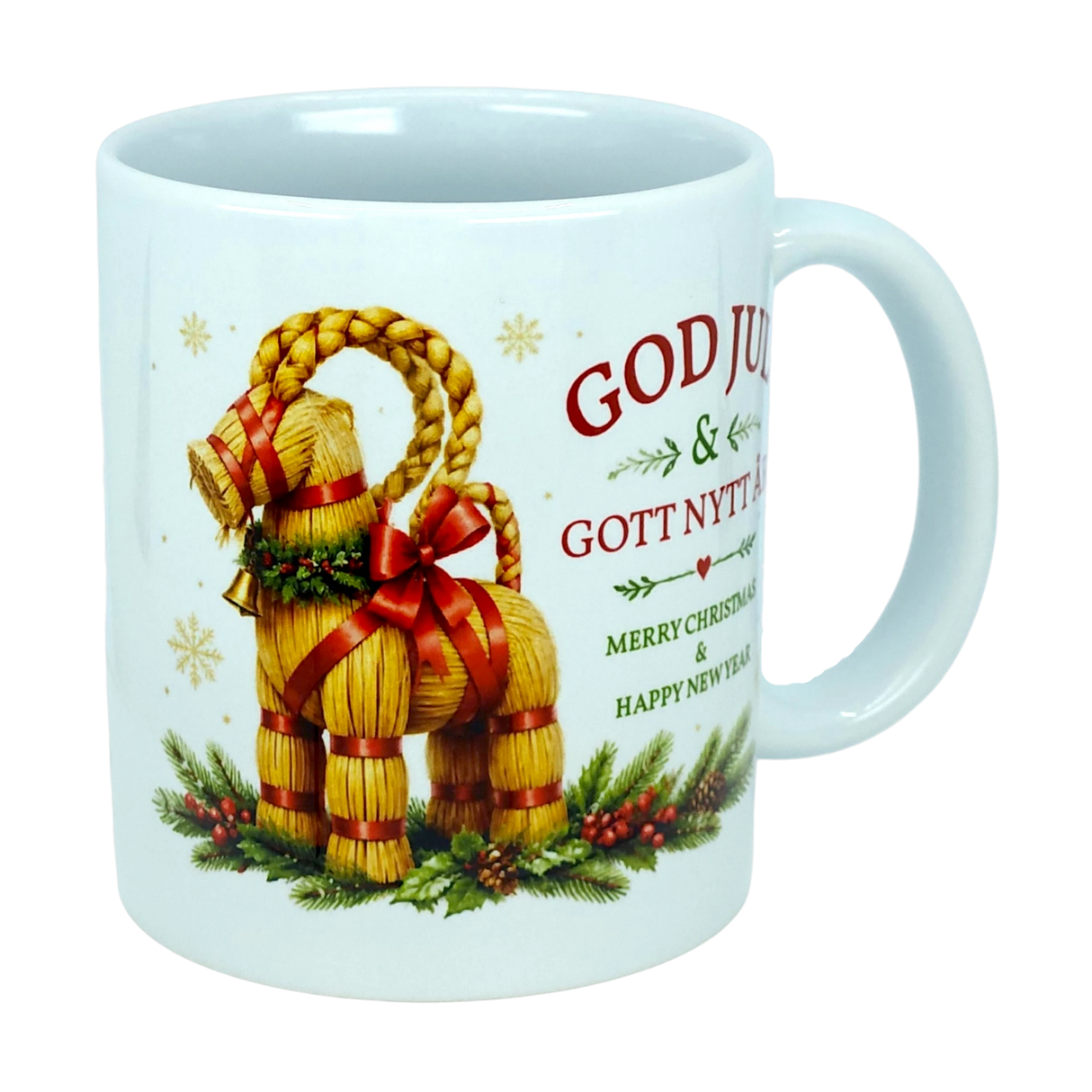 The Mug: God Jul Yule Goat Ceramic Mug (11 oz Capacity) by Nordic Wholesale features a charming image of a straw Yule goat adorned with a red ribbon, pine branches, and berries. The mug displays the text "God Jul & Gott Nytt År" alongside "Merry Christmas & Happy New Year." Perfect for bringing Swedish and Scandinavian Christmas tradition to your holiday celebrations.