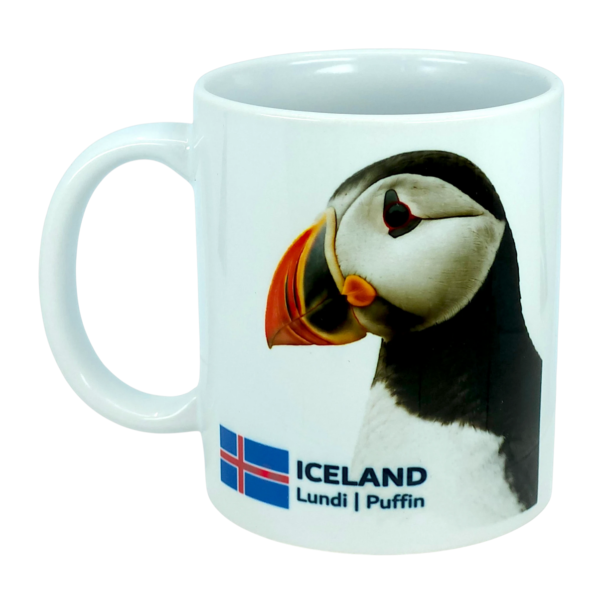 The Mug: Iceland National Animal Puffin Ceramic Coffee Mug (11 oz Capacity) by Nordic Wholesale features a charming puffin illustration, the Icelandic flag, and the text “ICELAND Lundi | Puffin.” This white ceramic mug is a perfect tribute to Nordic wildlife, celebrating Iceland’s iconic national bird.