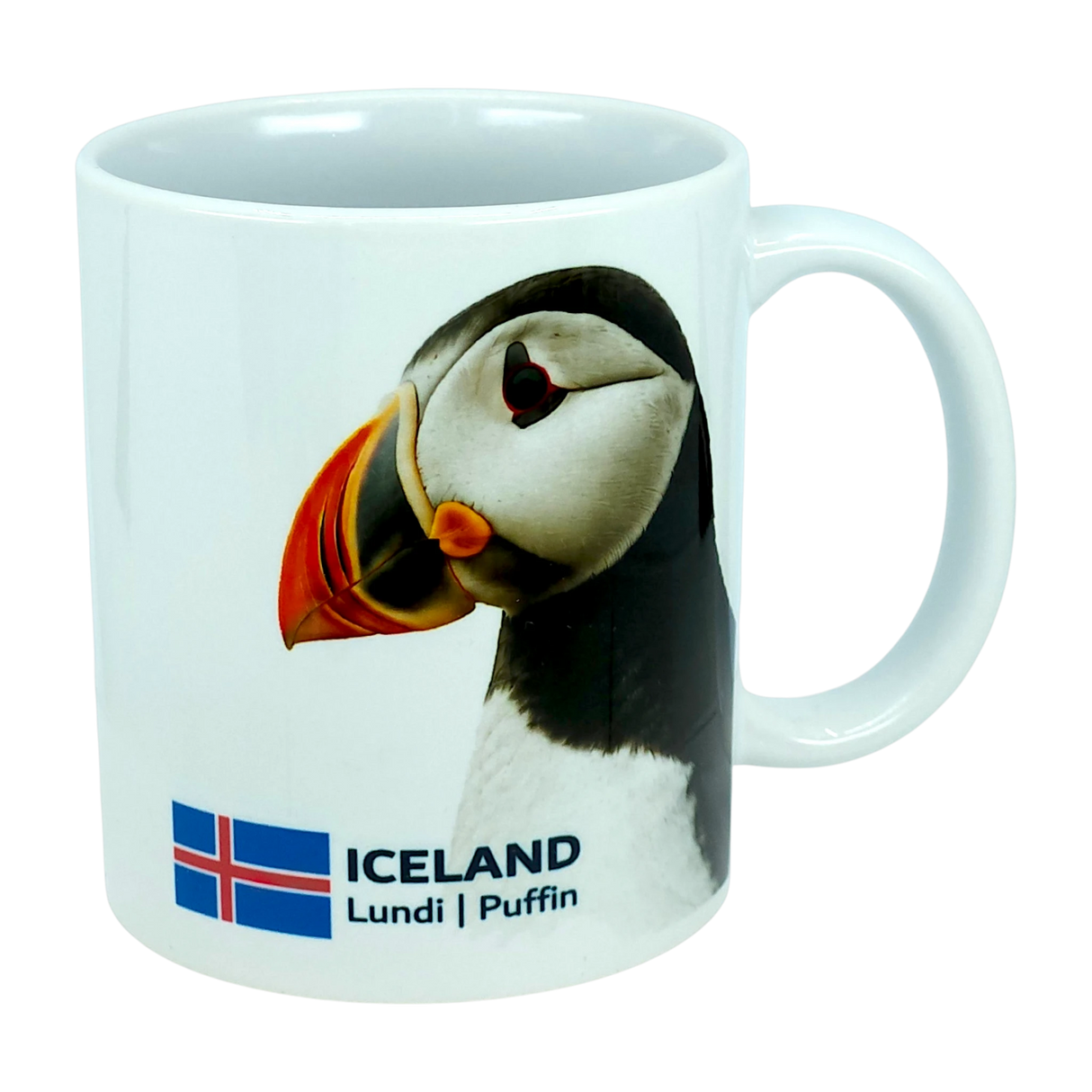 Introducing the Mug: Iceland National Animal Puffin Ceramic Coffee Mug (11 oz Capacity) by Nordic Wholesale—a white ceramic mug decorated with an image of the iconic Icelandic puffin, the national flag of Iceland, and the words ICELAND Lundi | Puffin. This charming Nordic wildlife mug is perfect for nature enthusiasts and lovers of all things Icelandic.