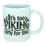 Start your day with a smile using the Mug: It's Too Viking Early For This White Ceramic Mug (11 oz) from Nordic Wholesale. This playful mug features bold black lettering that proclaims "It’s too VIKING early for this!"—a whimsical nod to Norse humor—paired with two small bird illustrations perched on the design, adding a charming touch. Perfect for coffee lovers who enjoy a mythic twist to their morning routine!.
