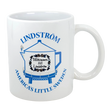 The Swedish Gift Store's 11 oz ceramic mug features Lindstrom’s iconic blue coffee pot water tower and “America’s Little Sweden” text—a perfect Chisago Lakes souvenir.
