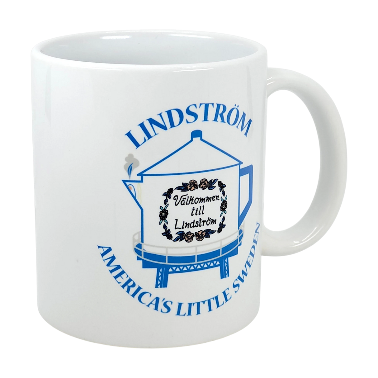 The Swedish Gift Store’s 11 oz ceramic mug features the Lindstrom Coffee Pot Water Tower and “America’s Little Sweden”—a perfect Swedish-American heritage keepsake or Chisago Lakes souvenir.