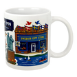 The Mug: Lindstrom, MN — America's Little Sweden 11oz ceramic souvenir mug by Swedish Gift Store features colorful illustrations of iconic Lindstrom landmarks, including flags, boats on a lake, birds, and a statue.