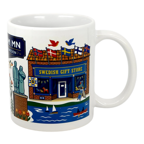 The Mug: Lindstrom, MN — America's Little Sweden 11oz ceramic souvenir mug by Swedish Gift Store features colorful illustrations of iconic Lindstrom landmarks, including flags, boats on a lake, birds, and a statue.