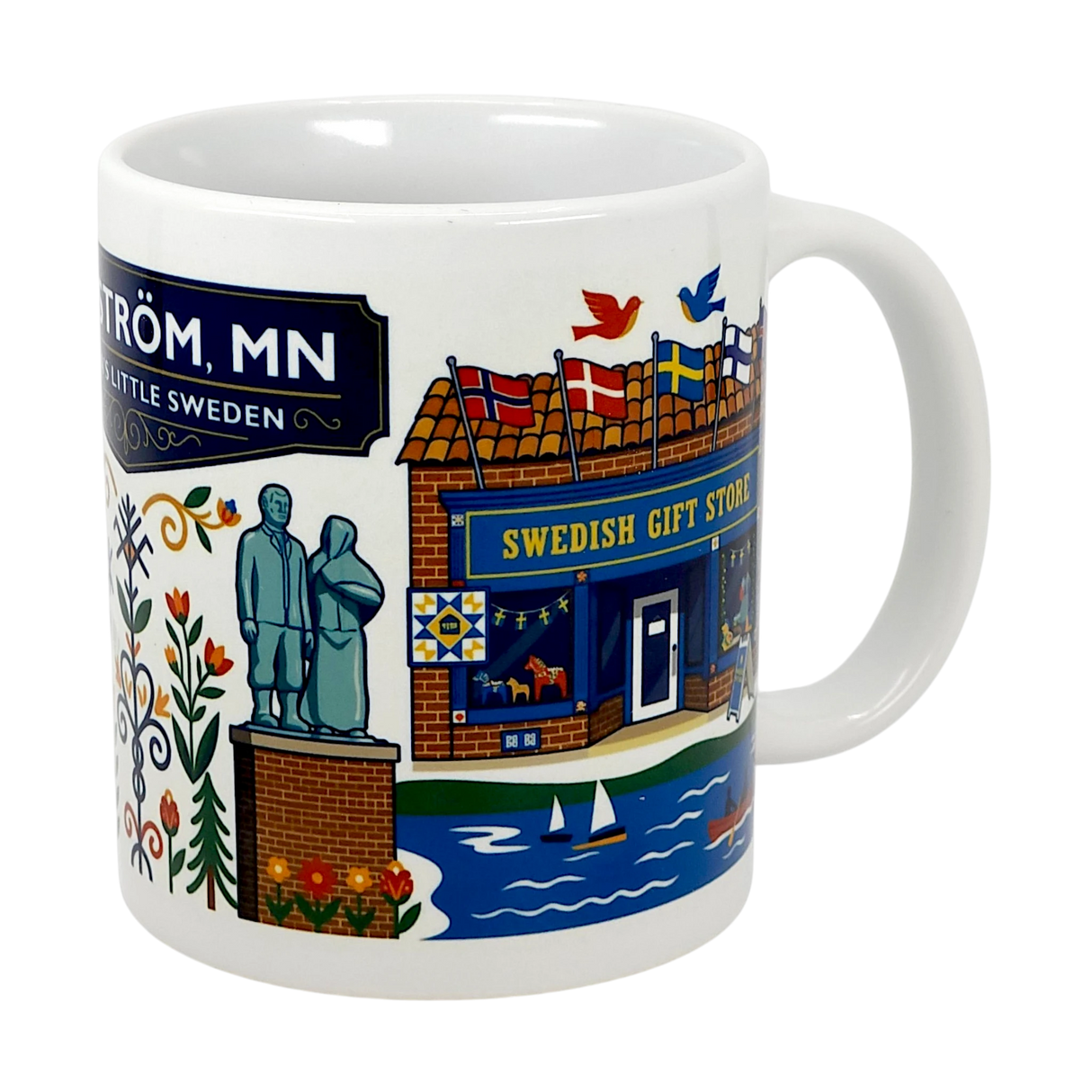 The Swedish Gift Store’s 11oz ceramic mug showcases Lindstrom, MN—America’s Little Sweden—with colorful illustrations of landmarks, Swedish flags, flowers, statues, and boats. Labeled “Lindström, MN” and “Little Sweden.”.