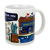 The Swedish Gift Store’s 11oz ceramic mug showcases Lindstrom, MN—America’s Little Sweden—with colorful illustrations of landmarks, Swedish flags, flowers, statues, and boats. Labeled “Lindström, MN” and “Little Sweden.”.