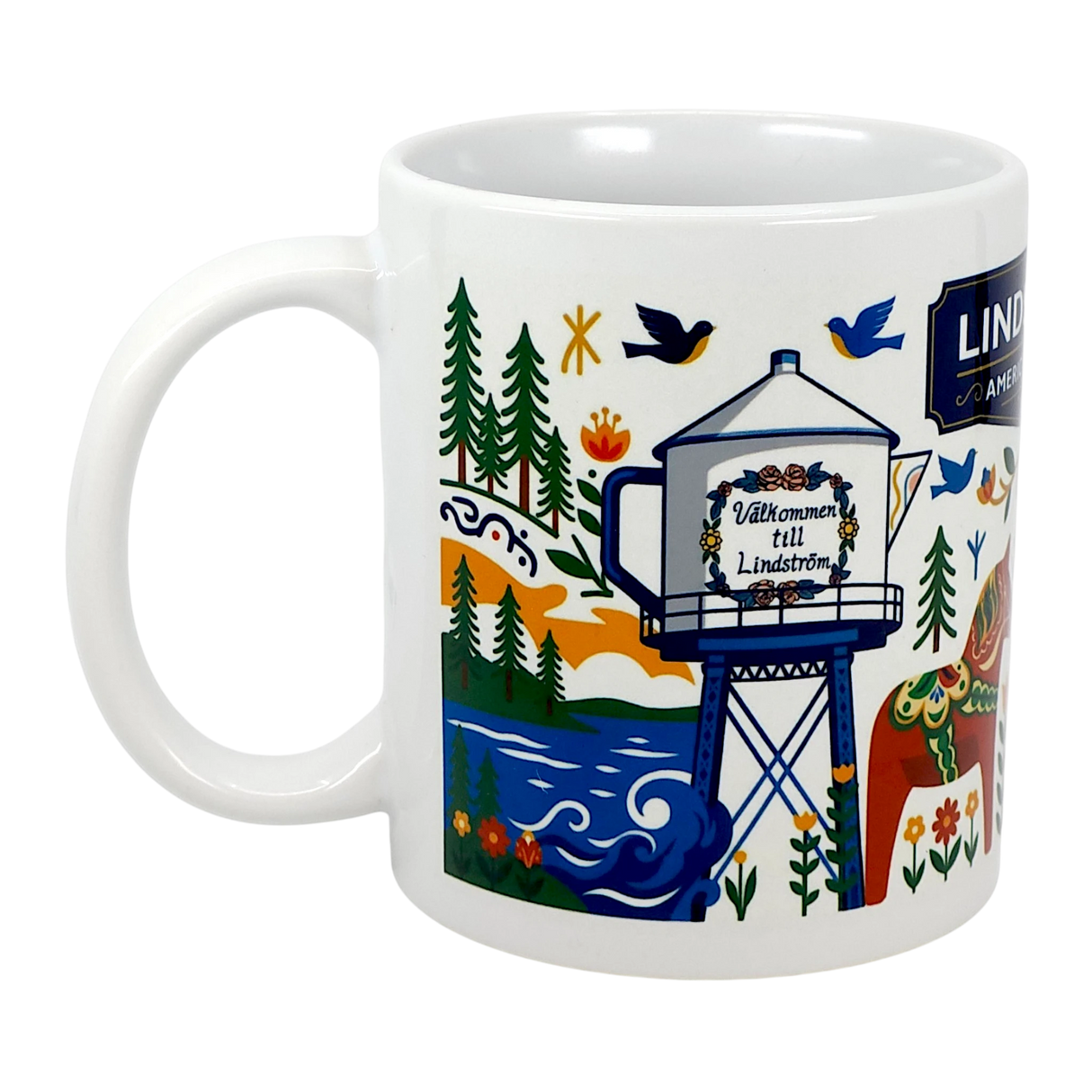 The Mug: Lindstrom, MN — America's Little Sweden | 11oz Ceramic Souvenir Mug by Swedish Gift Store features colorful Scandinavian motifs like trees, a river, birds, a red Dala horse, and "Välkommen till Lindström"—a perfect Swedish gift.